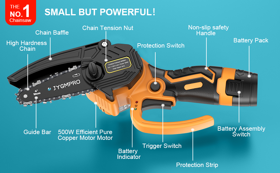 JYGMPRO Mini Chainsaw 4 Inch, Portable Cordless Chainsaw with 2×1.5AH