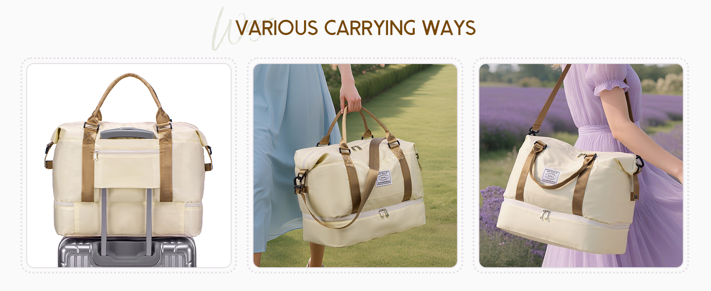 Le texte indique « DIFFÉRENTS MOYENS DE TRANSPORT ». Trois vues d'un sac à main beige à bordure brune montrant différents styles de transport : sac en bandoulière, sac à main et porté à l'épaule.