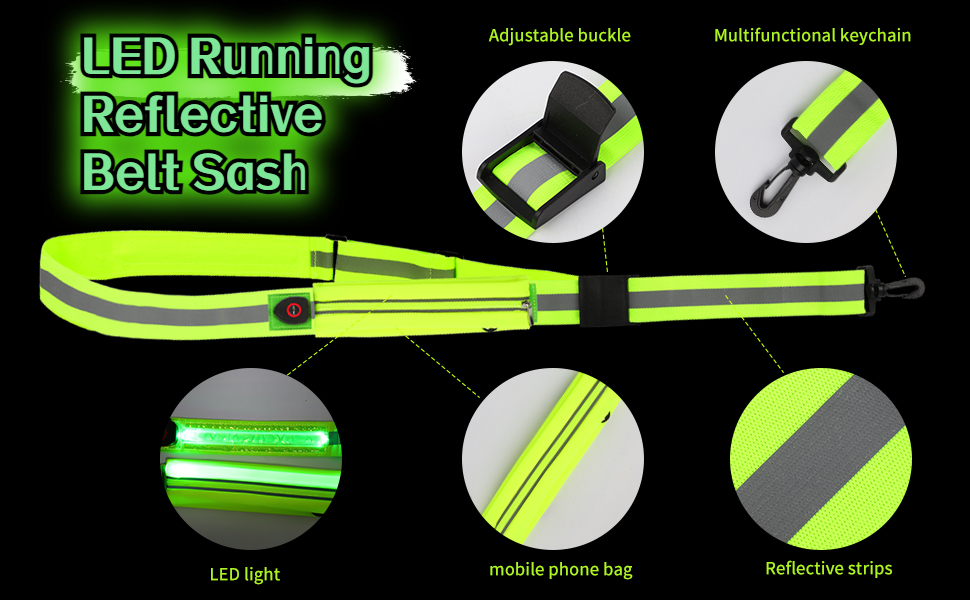 LED Reflective Running Belt Sash, High Visibility Night Walking Gear