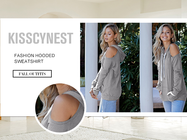 Kisscynest Womens Hoodies Cold Shoulder Sweatshirt