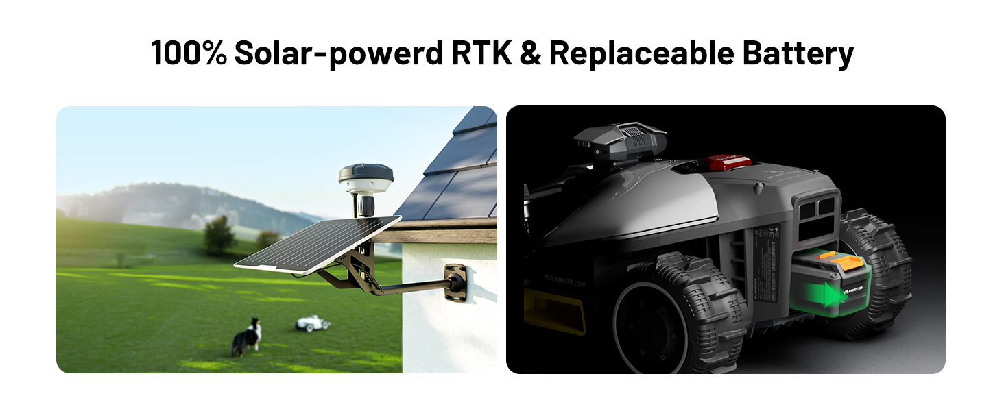 Split image showing solar-powered RTK device in outdoor field setting and internal battery component diagram in black and green.
