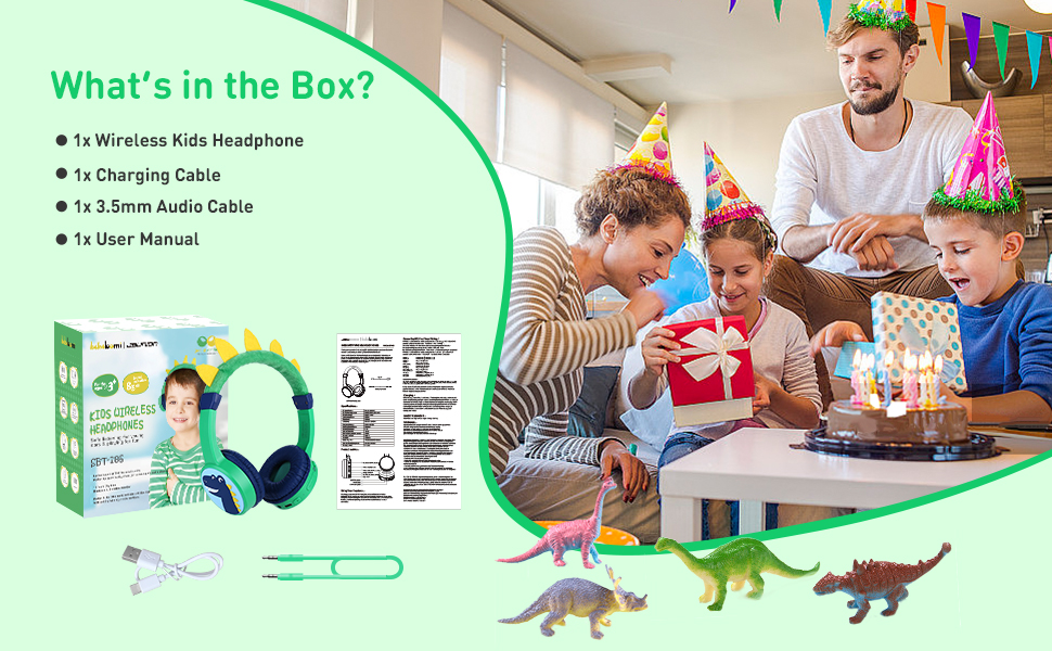 Text reads 'What's in the Box?'. Product packaging display with headphones and dinosaur-themed educational materials, showing children and adult engaged in activity.