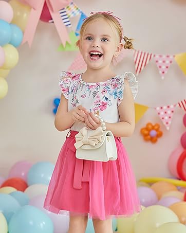 Arshiner Girls Dresses Summer Clothing Set Flying Sleeves White T-Shirt With Pink Skirt Two-Piece