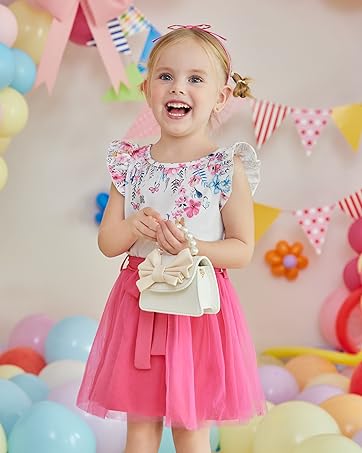 Arshiner Girls Dresses Summer Clothing Set Flying Sleeves White T-Shirt With Pink Skirt Two-Piece