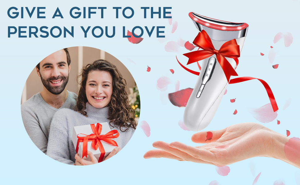 Gift-themed promotional image with illustrated hands exchanging a red-ribbon wrapped present, alongside decorative heart elements and text about giving gifts.