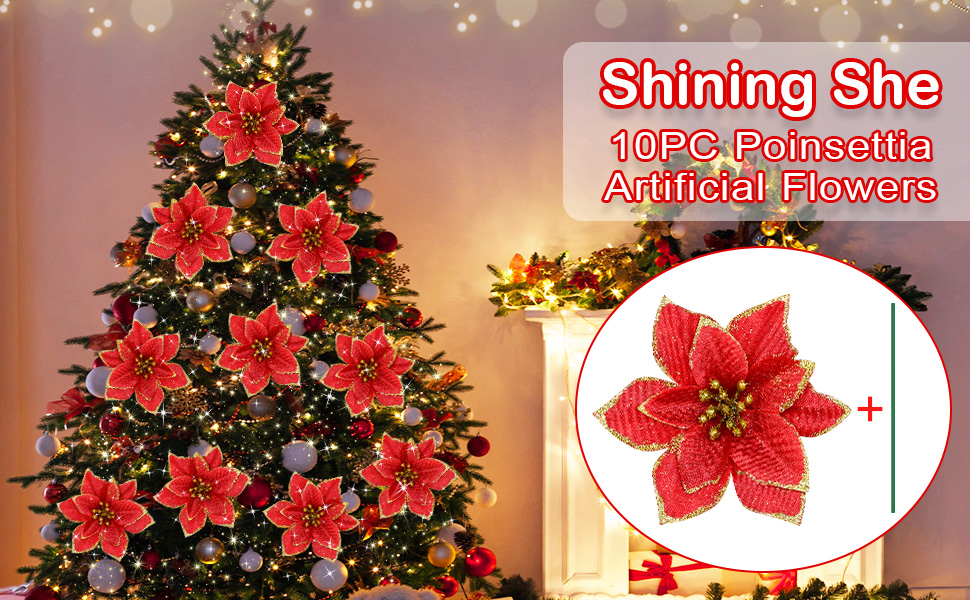 Shining She 10pcs Artificial Christmas Flowers, Christmas Glitter