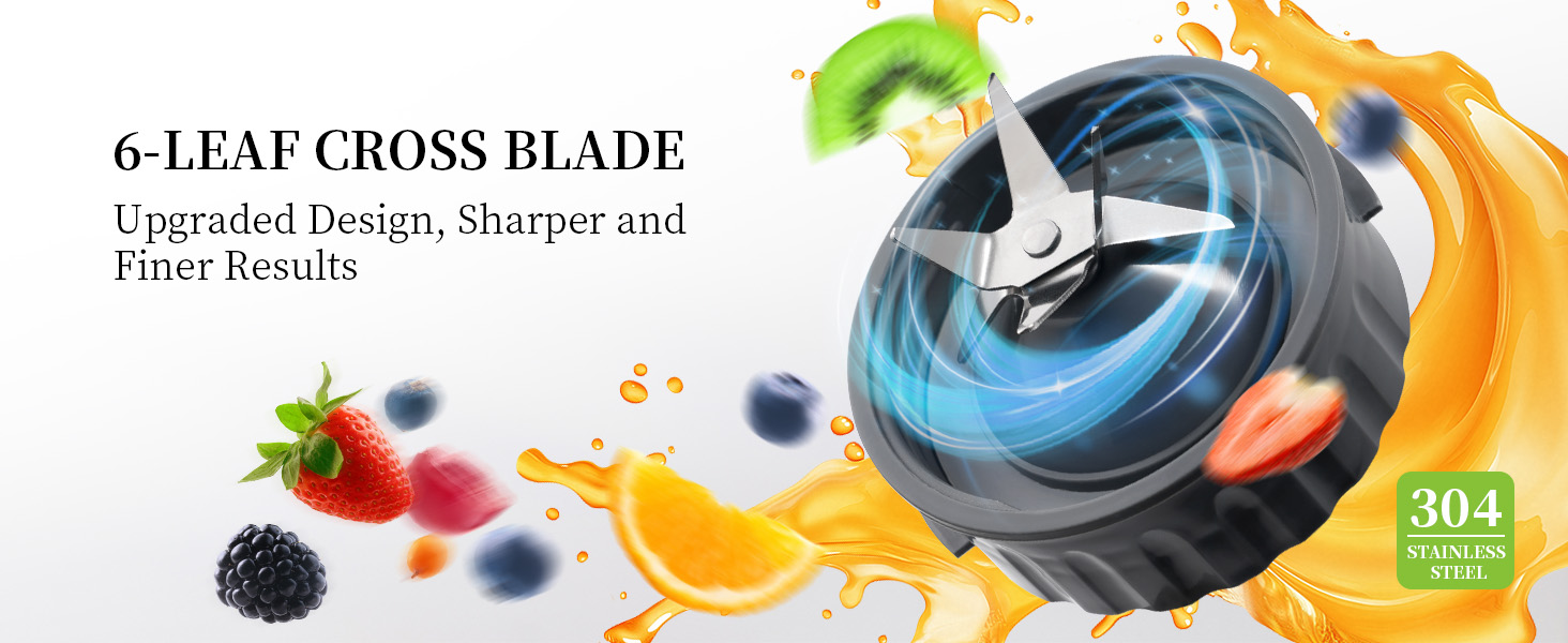 6-leaf cross blade for blender, featuring upgraded design for sharper and finer results. Surrounded by fruit splashes including kiwi, strawberry, orange, and blackberry.