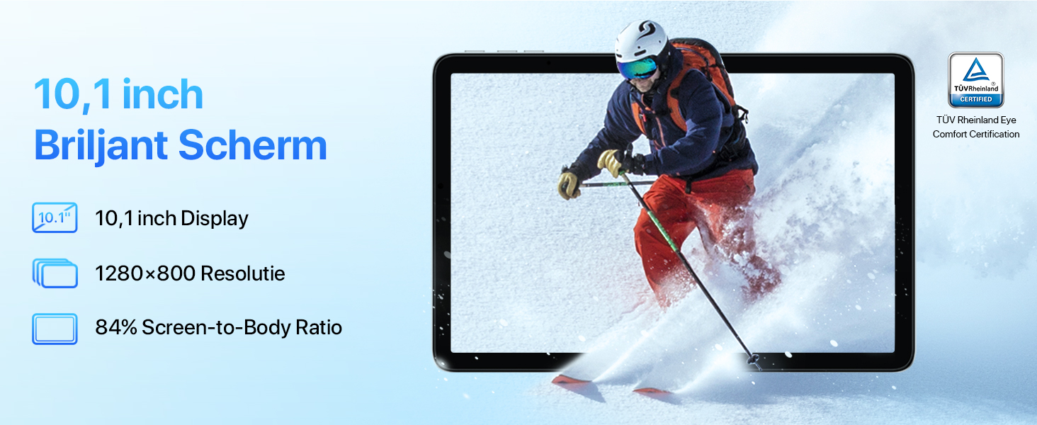 Tablet device with 10.1 inch display showing a skier in action. Text indicates 1280x800 resolution and 84% screen-to-body ratio. Blue accent color used.