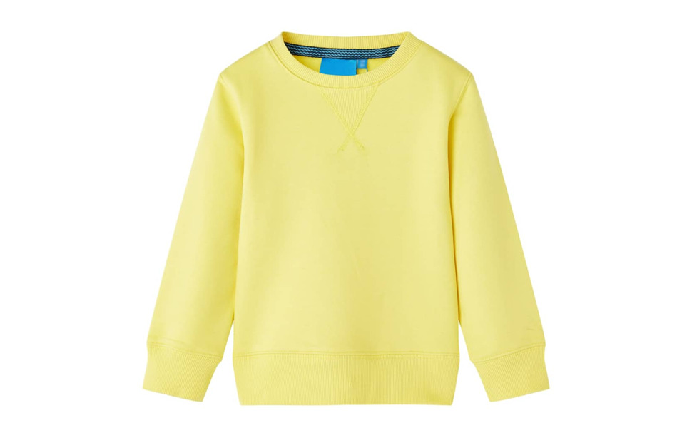 Yellow children's crewneck sweater with ribbed cuffs and waistband. Long-sleeved, casual design suitable for everyday wear.