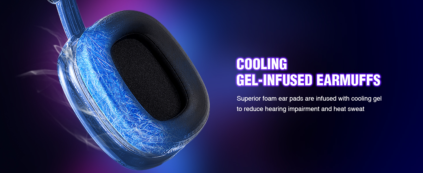 Close-up of blue cooling gel-infused earmuff cushion. Text describes superior foam ear pads with cooling gel to reduce hearing impairment and heat issues.