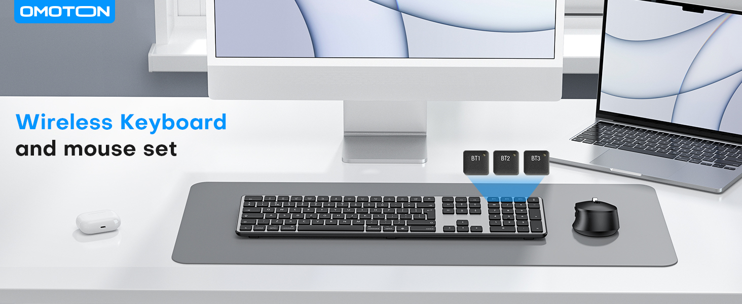OMOTON wireless keyboard and mouse set displayed on gray desk mat, featuring full-size keyboard with numerical keypad and wireless mouse.