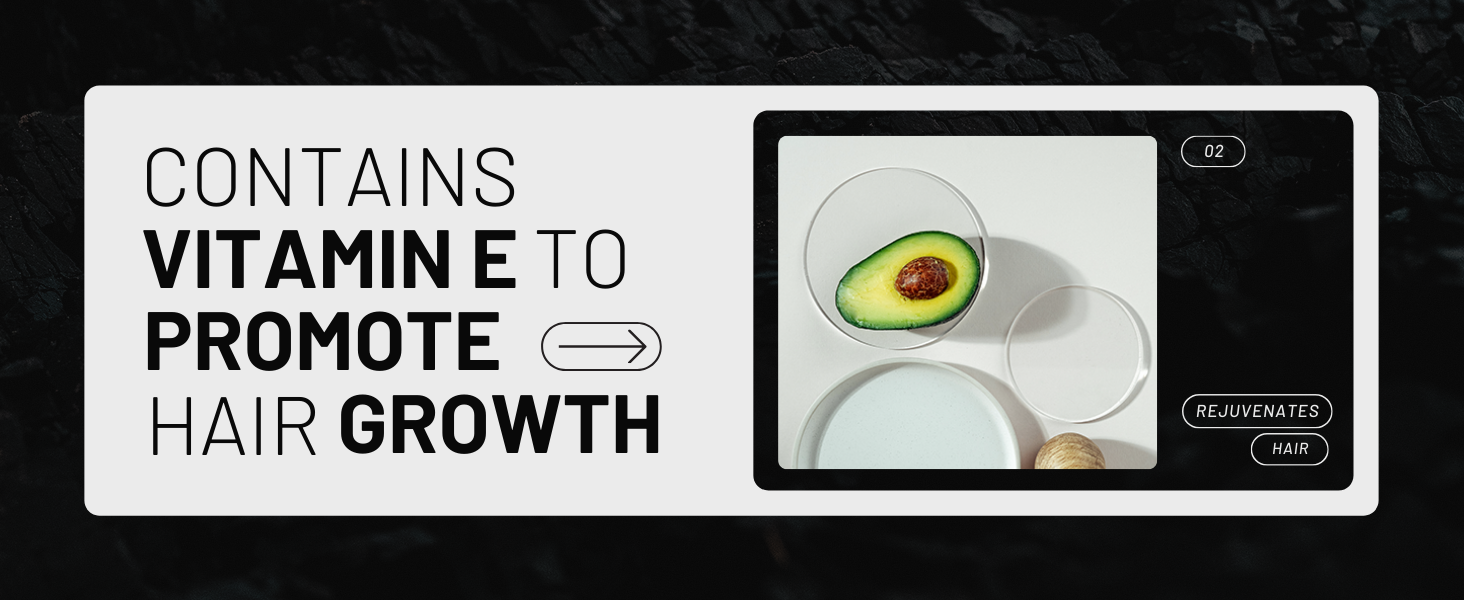 Hair growth supplement product image featuring text about vitamin E and a photo of an avocado half on a white plate.