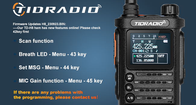 TIDRADIO TD-H8 radio screen showing firmware update information, with text indicating new features like Scan function, Breath LED, Set MSG, and MIC Gain.