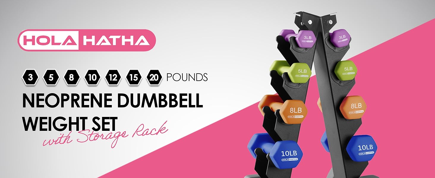 HolaHatha 146 Pound Neoprene Dumbbell Full Body Weight Set with Storage Rack