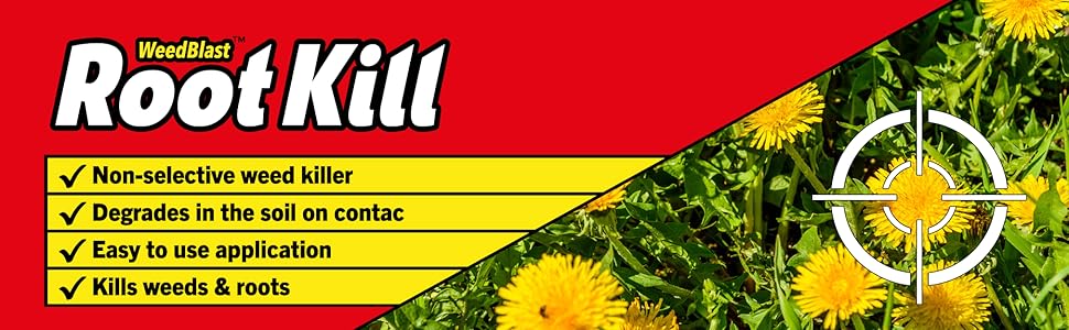 Weedkiller product advertisement. Red banner with 'Root Kill' text. Lists features: non-selective, degrades in soil, easy application, kills weeds and roots.