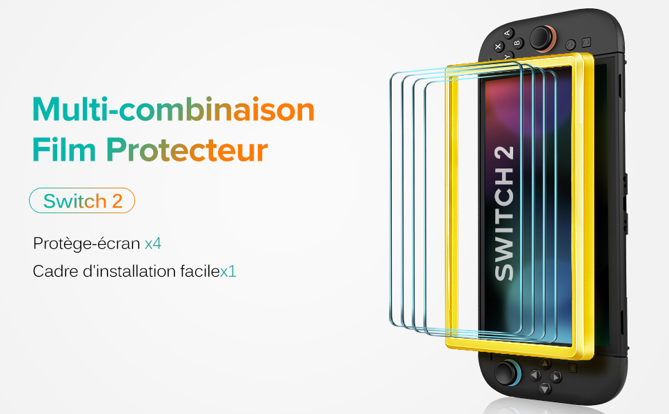 pour console Nintendo Switch 2. L'emballage comprend 4 films de protection transparents et 1 cadre d'installation, représenté flottant au-dessus de l'écran de l'appareil.