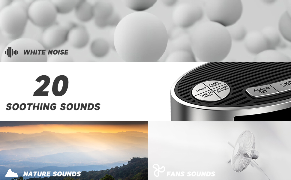 White Noise Machine with Alarm Clock, 20 Soothing Sounds, Wake to