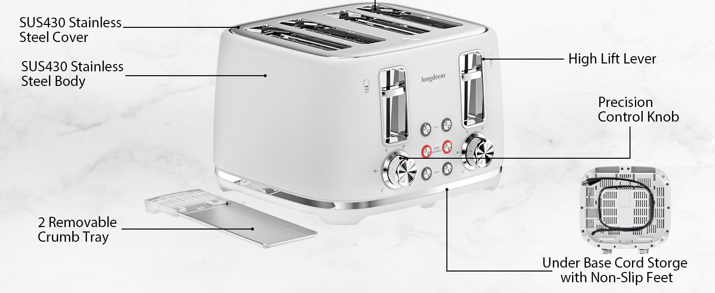 4 Slice Toaster with Extra Wide Slots & Removable Crumb