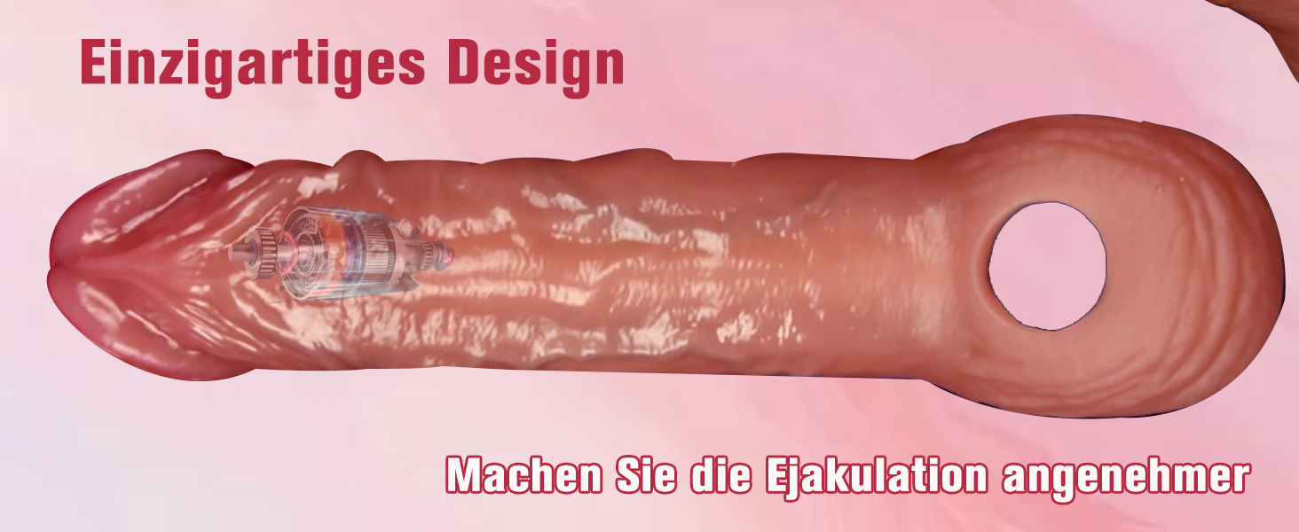 Der Text lautet „Einzigartiges Design“. Zeigt das anatomisch geformte Gerät in Hautfarbe auf rosafarbenem Hintergrund, ähnlich wie in Bild 2.