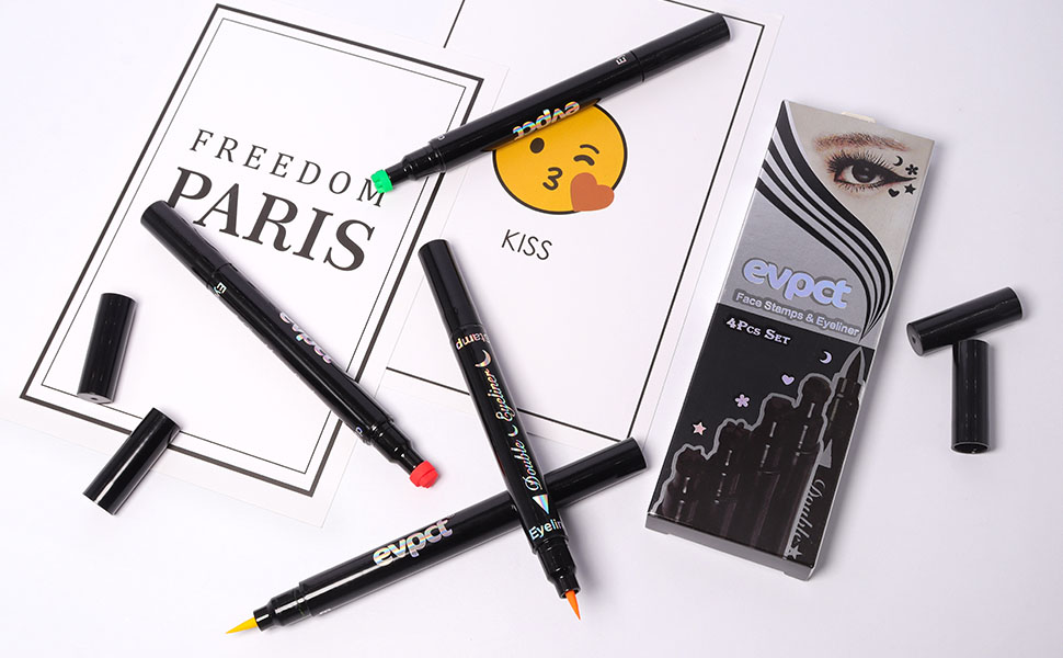 evpct Colored Winged Eyeliners Stamp 4 in 1 Stars Flowers Hearts Moon Face Stamps Makeup Stamp Set
