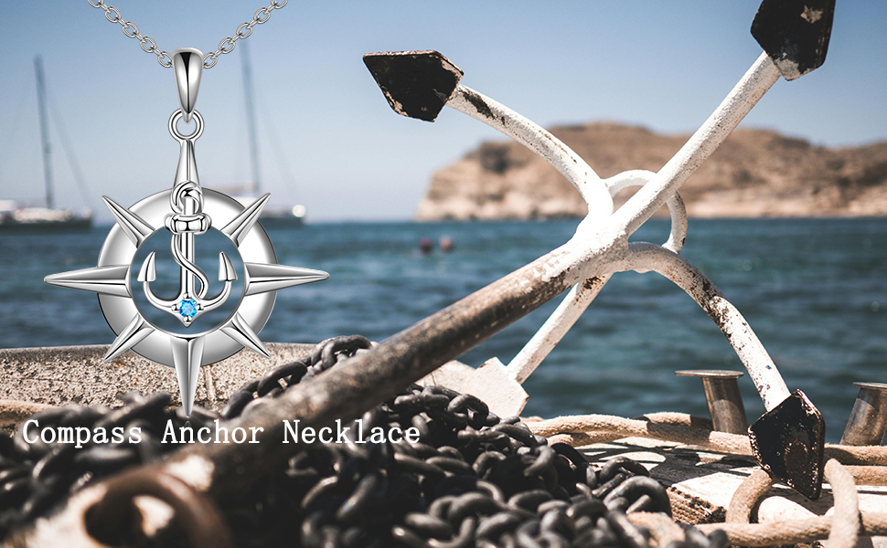 AXELUNA Compass Necklace Sterling Silver Compass Anchor