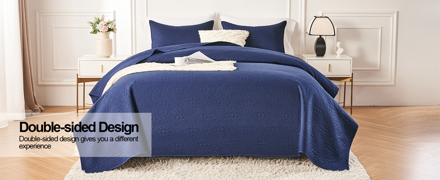 WURUIBO Navy Blue Twin Quilt Bedding Set, Embossing