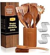 Wooden Spoons for Cooking, 12PCS Teak Wooden Kitchen Utensil Set with Spoon Rest - Smooth Finish,...