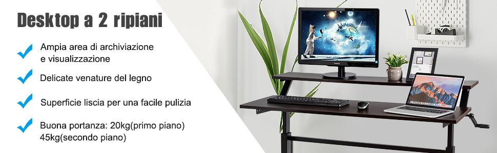 COSTWAY Scrivania Regolabile In Altezza, Scrivania Per Computer Laptop, Con Manovella, Scrivania Moderna In Acciaio E Legno, Con 2 Ripiani, Nero 18 1