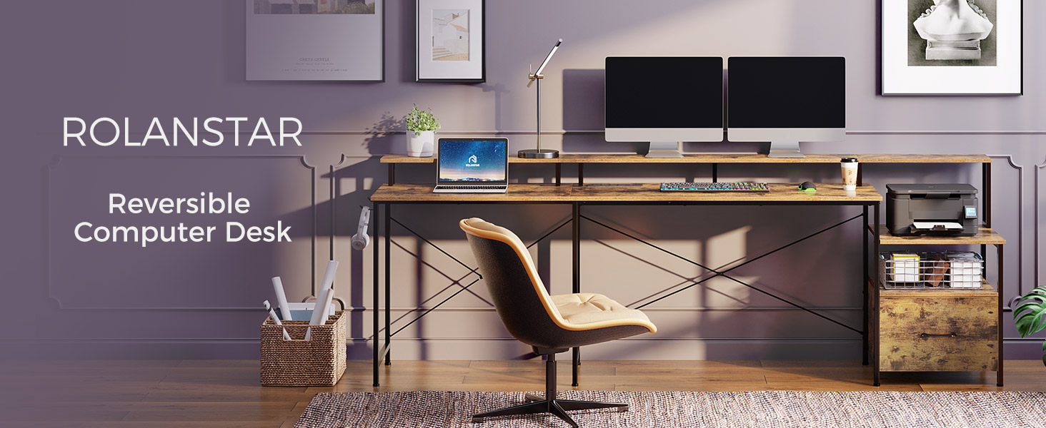 Rolanstar Computer Desk with Power Outlet & LED Strip and