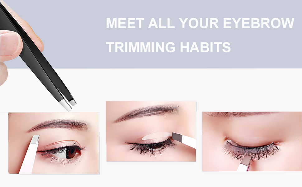 Demonstration of eyebrow trimming technique showing three steps: using tweezers for precision, trimming with a small tool, and the finished groomed result.