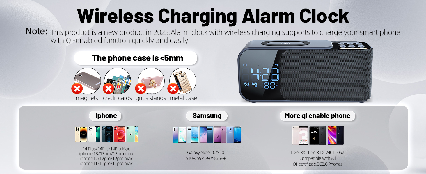 blonbar Alarm Clock Radio with Wireless Charging Bluetooth