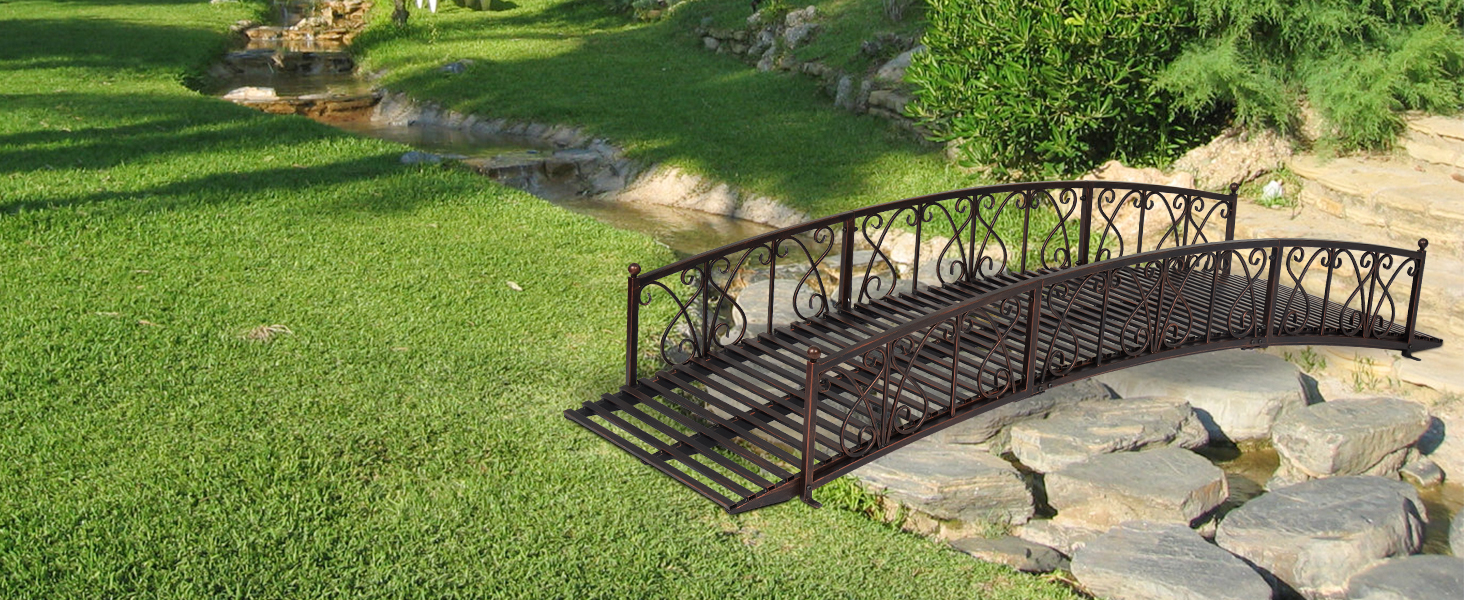 Kinpaw 8FT Outdoor Garden Bridge, Metal Arc Walkway with 2