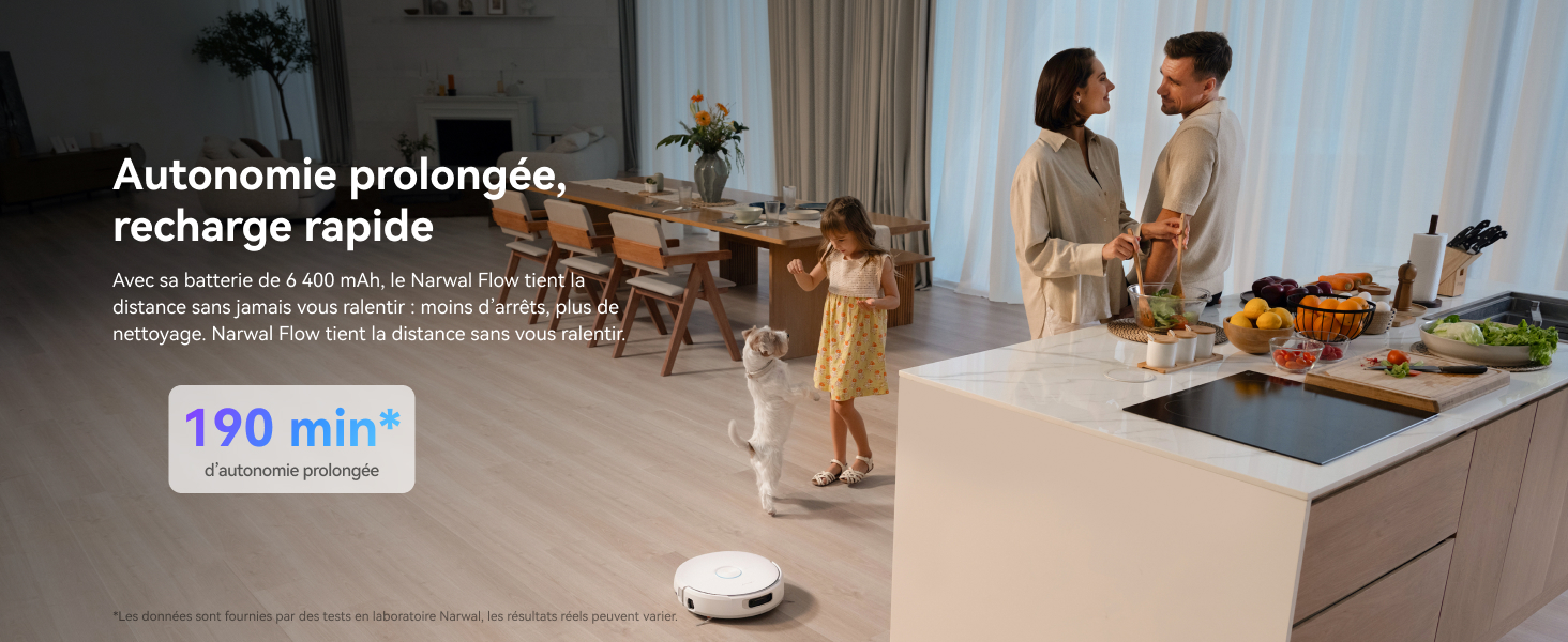 Image marketing composite montrant un aspirateur robot dans différents environnements domestiques. Le texte visible inclut « 190 min », « Autonomie prolongée » et « Recharge rapide ». Montre le nettoyage automatique dans différents scénarios de pièce.
