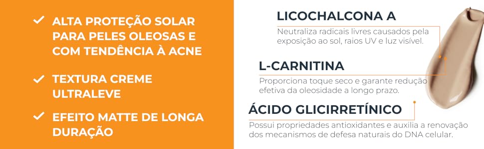 A junção de Licohalcona A, L-Carnitina e Ácido Glicirretínico protegem do sol e da oleosidade.
