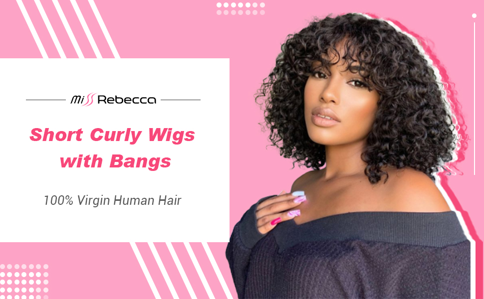 MISS REBECCA Short Curly Bob Wigs with Bangs Human Hair Ombre Auburn Brown Cute Bob
