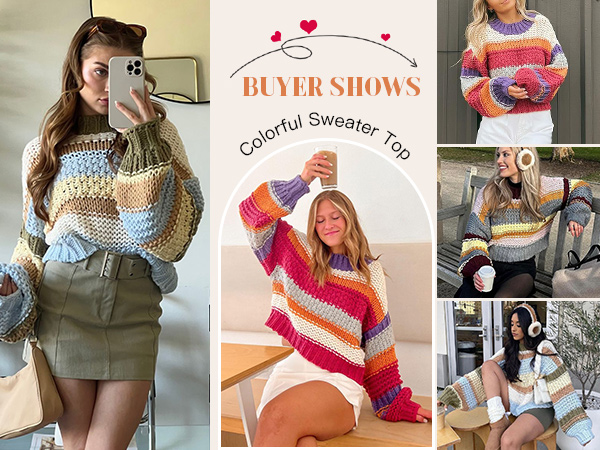 Saodimallsu Womens Color Block Sweater Striped Chunky Knit