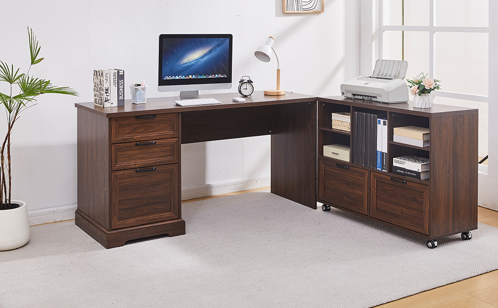  L-Shaped Executive Desk with 40" File Cabinet
