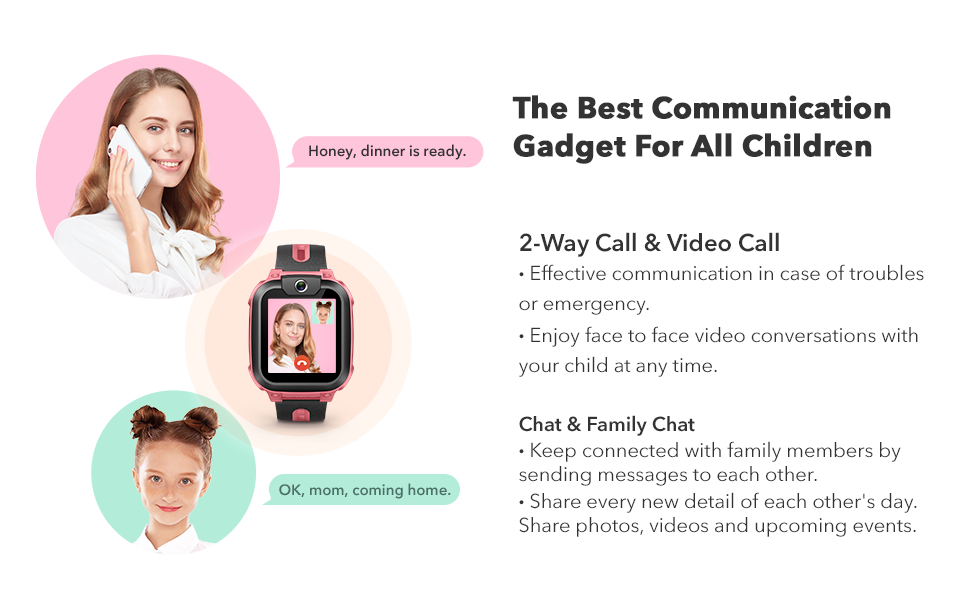 Smartwatch for children with pink strap, featuring video call capability, text messaging, and family connectivity features. Display shows a smiling face on the watch screen.