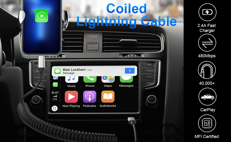 Coiled iPhone Cable Apple Carplay & MFi Certified, Retractable iPhone Charger Cord with Data