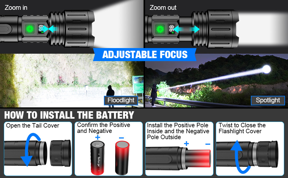 Adjustable focus torch and how to install the battery