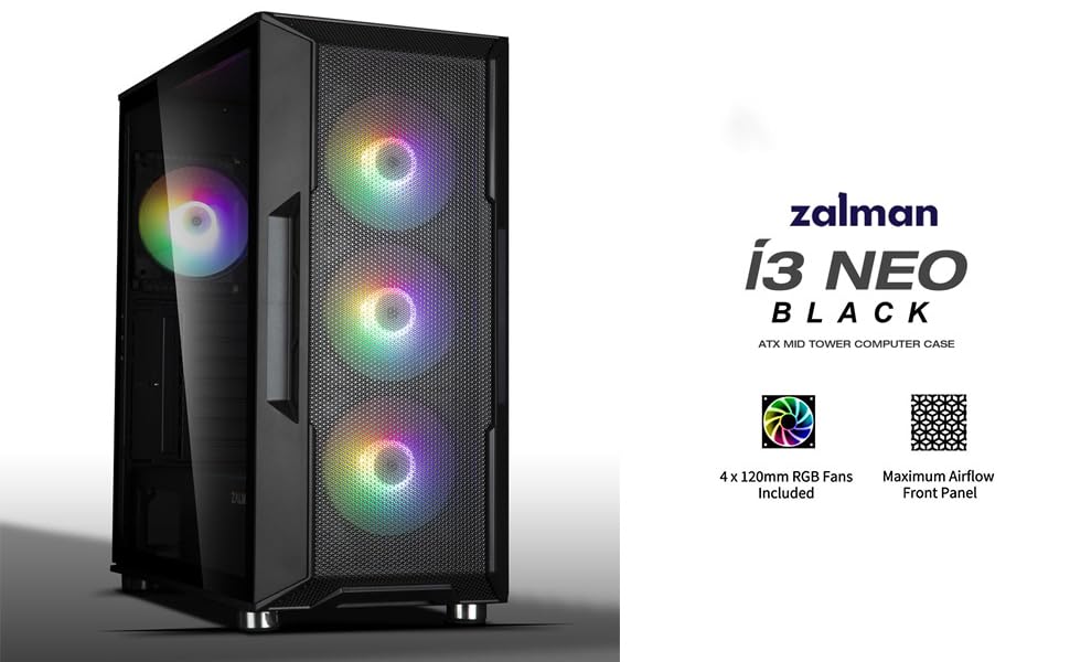 Zalman i3 NEO ATX Mid Tower Computer PC Case 4 x 120mm Static RGB Fans PreInstalled Mesh