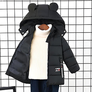 Black padded winter coat for children with bear ear-shaped hood, zipper front, and patch pocket. Displayed on a white sweater against a wire grid background.