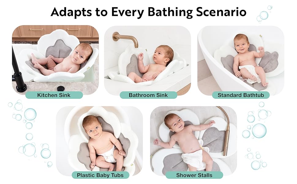 Multiple scenarios using the baby bath flower such as kitchen sink bathroom shower travel baby tub 