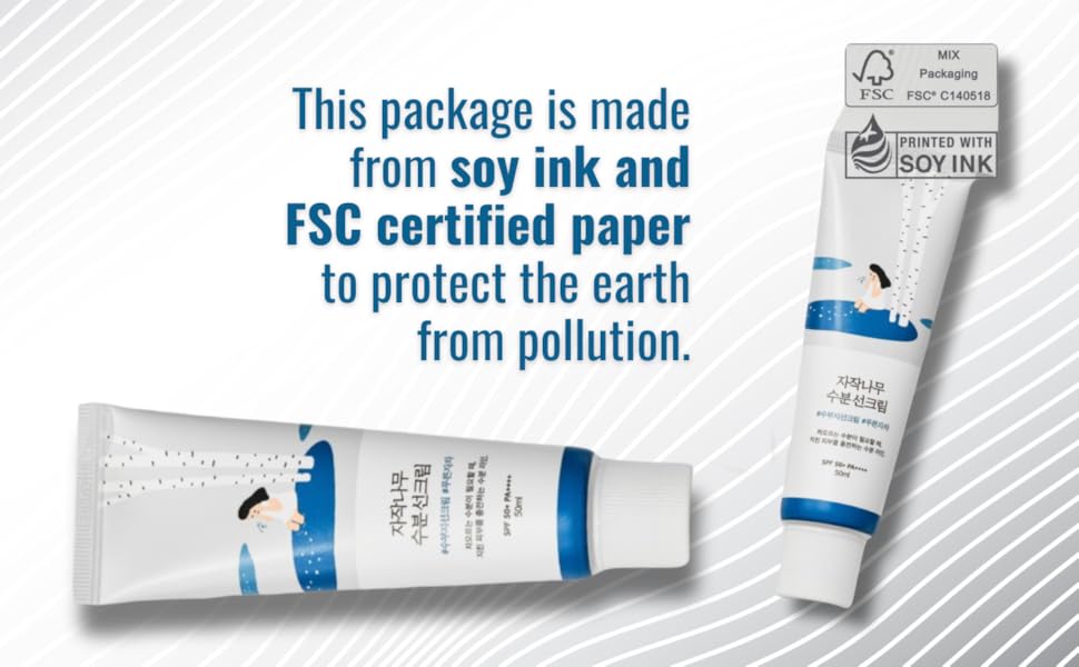 ROUND LAB Birch Juice Moisturizing Sunscreen package is made from soy ink and FSC certified paper
