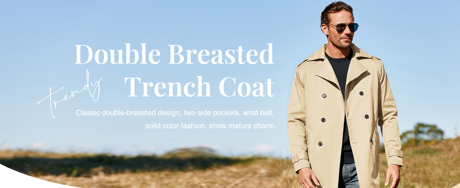 Mens Double Breasted Trench Coat Notched Lapel Casual Slim Fit Long Windbreaker Overcoat