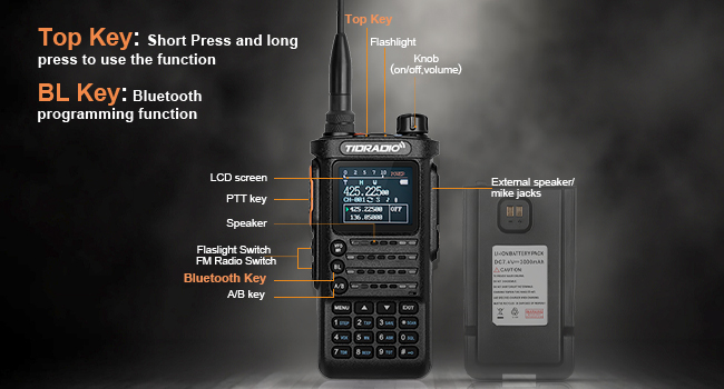 Diagram of the TIDRADIO TD-H8 radio with labels for its various parts and buttons, including Top Key, BL Key, LCD screen, PTT key, Speaker, Flashlight Switch, FM Radio Switch, Bluetooth Key, A/B key, and External speaker/mike jacks.