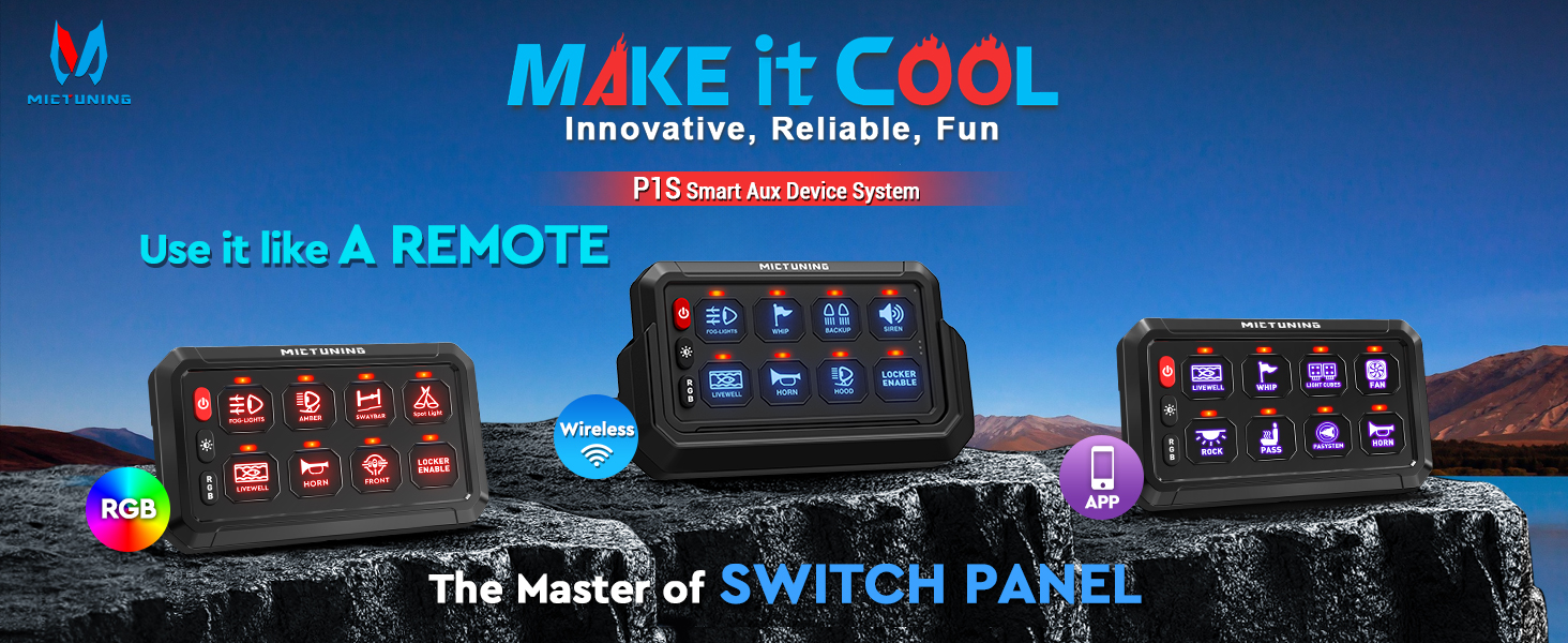 Text reads 'MAKE IT COOL' and 'The Name of SWITCH PANEL'. Digital interface mockups showing colorful control panels with blue and red accent colors.