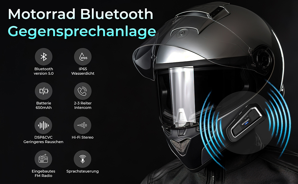 BETOWEY Motorcycle Helmet Headset, TKX2 Motorcycle with 1000