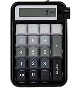 Black calculator with large digital display and 20 buttons, including numbers 0-9, arithmetic operations, and AC. Compact design suitable for desktop use.