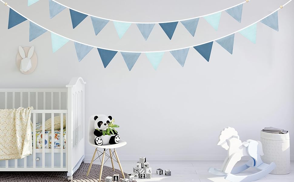 Blue Pennant Banner Flags Nursery Garland Royal Linen Fabric Triangle Streamers for Baby Room Decor